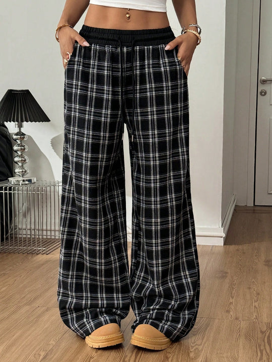 Damen Karierte Relax-Hose mit weitem Bein, Rippbund und Eingrifftaschen Nord Taschen