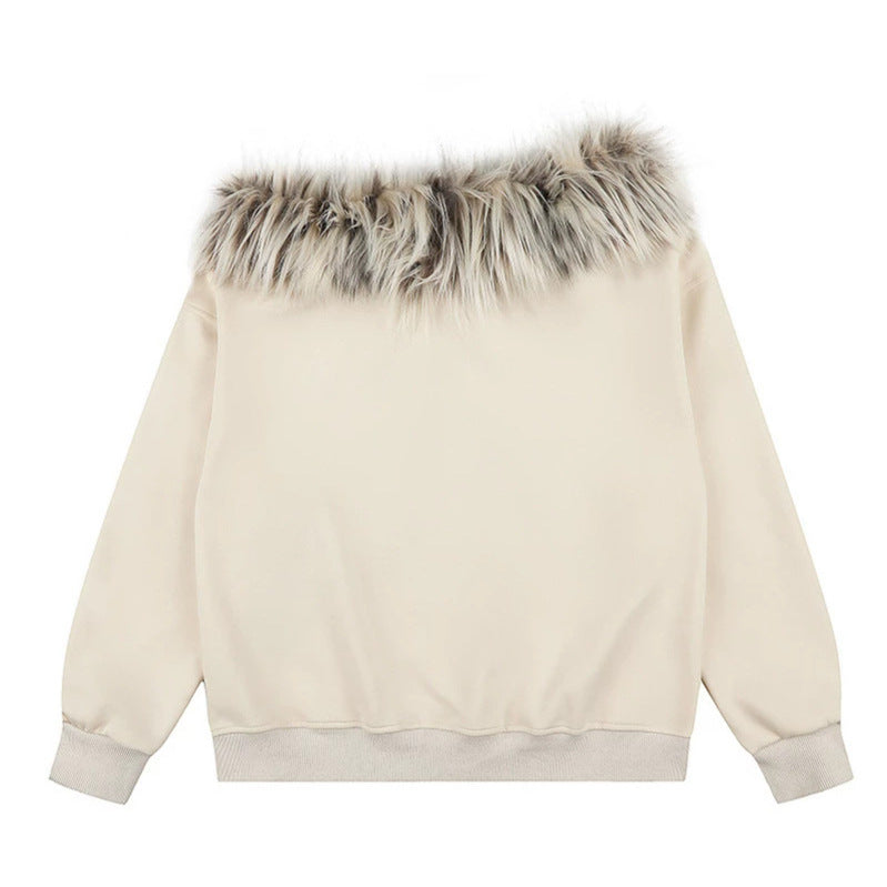 Damen Kapuzen-Sweatshirt mit abnehmbarem Kunstfellkragen und Vintage-Print Nord Taschen