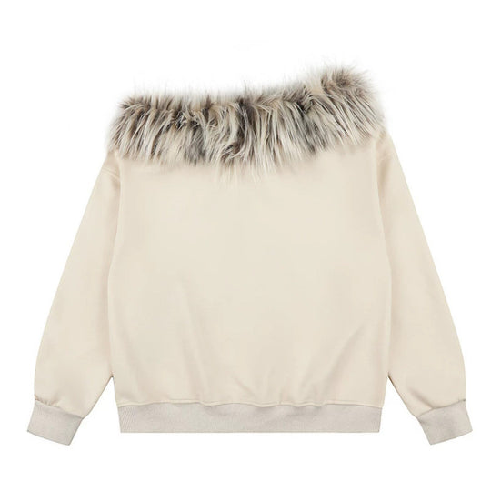 Damen Kapuzen-Sweatshirt mit abnehmbarem Kunstfellkragen und Vintage-Print Nord Taschen
