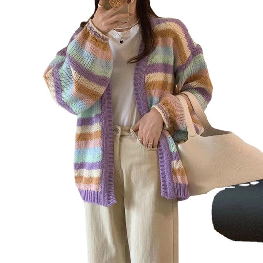 Damen Gemütlicher Strickcardigan mit buntem Streifenmuster und weitem Schnitt