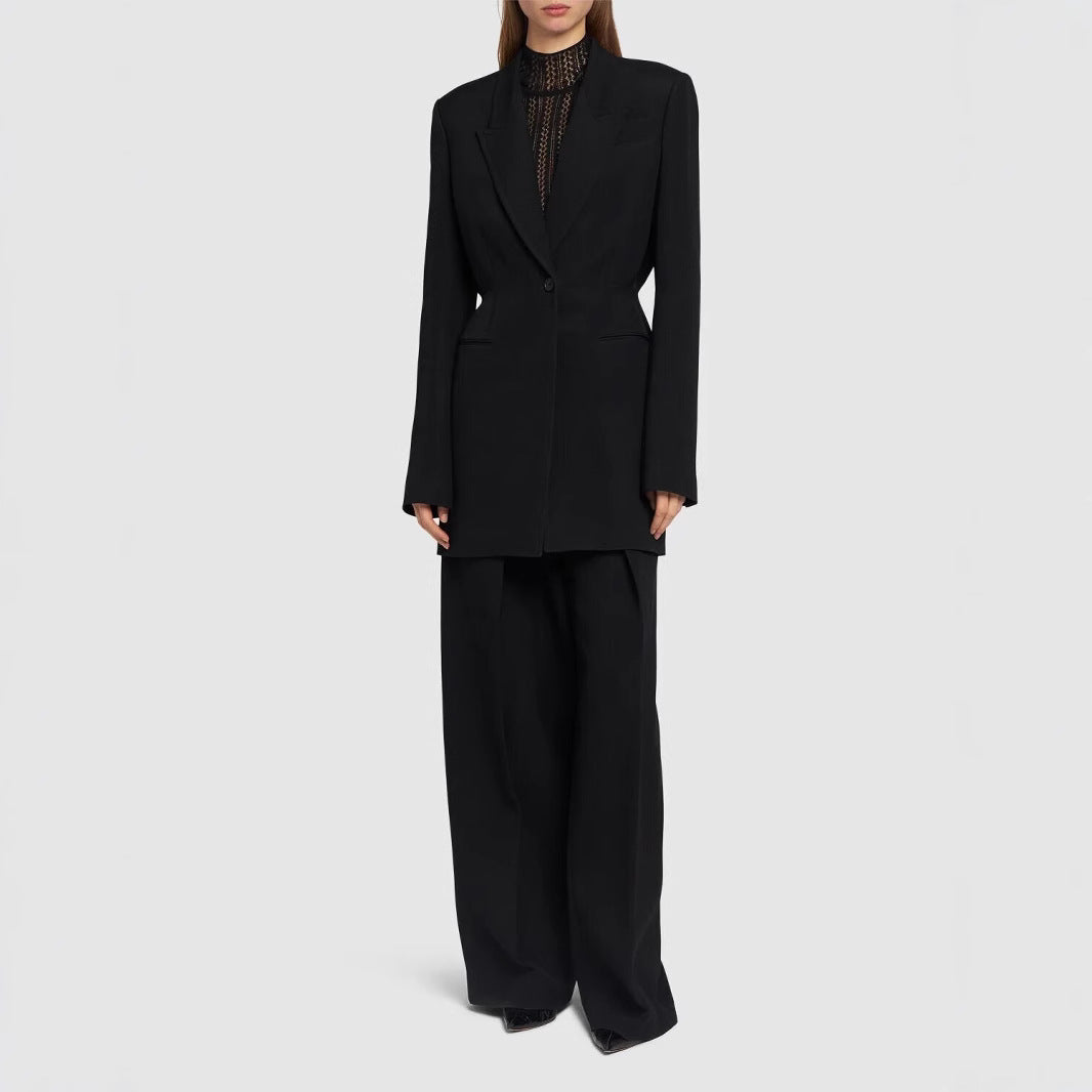 Damen Einreihiger Longblazer mit taillierter Silhouette und weiter Palazzohose Nord Taschen