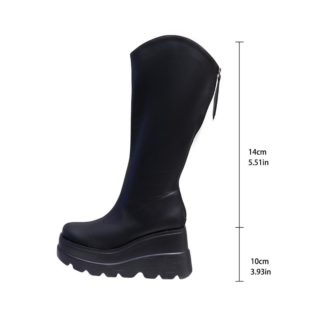 Damen Kniehohe Plateau‑Boots mit grober Lug‑Sohle, verdeckter Keilsohle und Seitenreißverschluss Nord Taschen