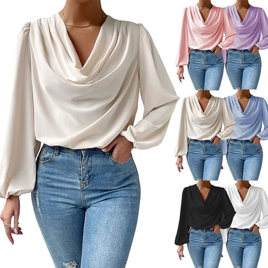 Damen elegante Bluse mit asymmetrischem Halsansatz und langen Ärmeln