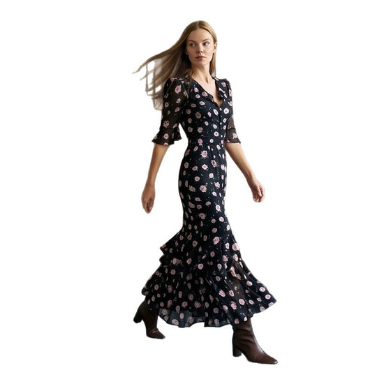 Damen Tailliertes Chiffon-Midikleid mit V-Ausschnitt, dreiviertel Ärmeln und Stufenvolant Nord Taschen