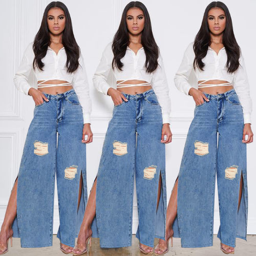 Damen hochgeschnittene Jeans mit weitem Bein, Knie-Rissen und seitlichen Beinschlitzen Nord Taschen