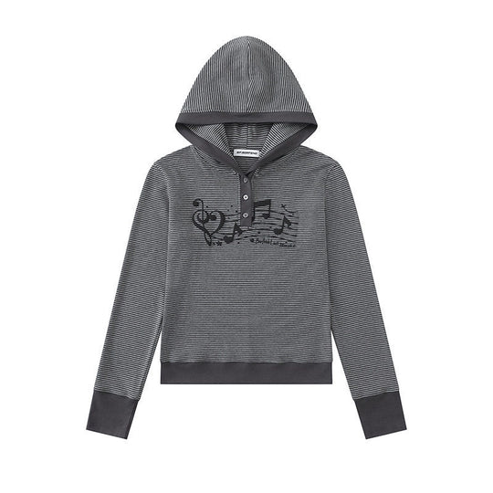 Damen Kapuzen-Henley-Pullover aus leichtem Streifenjersey mit Musik-Print Nord Taschen