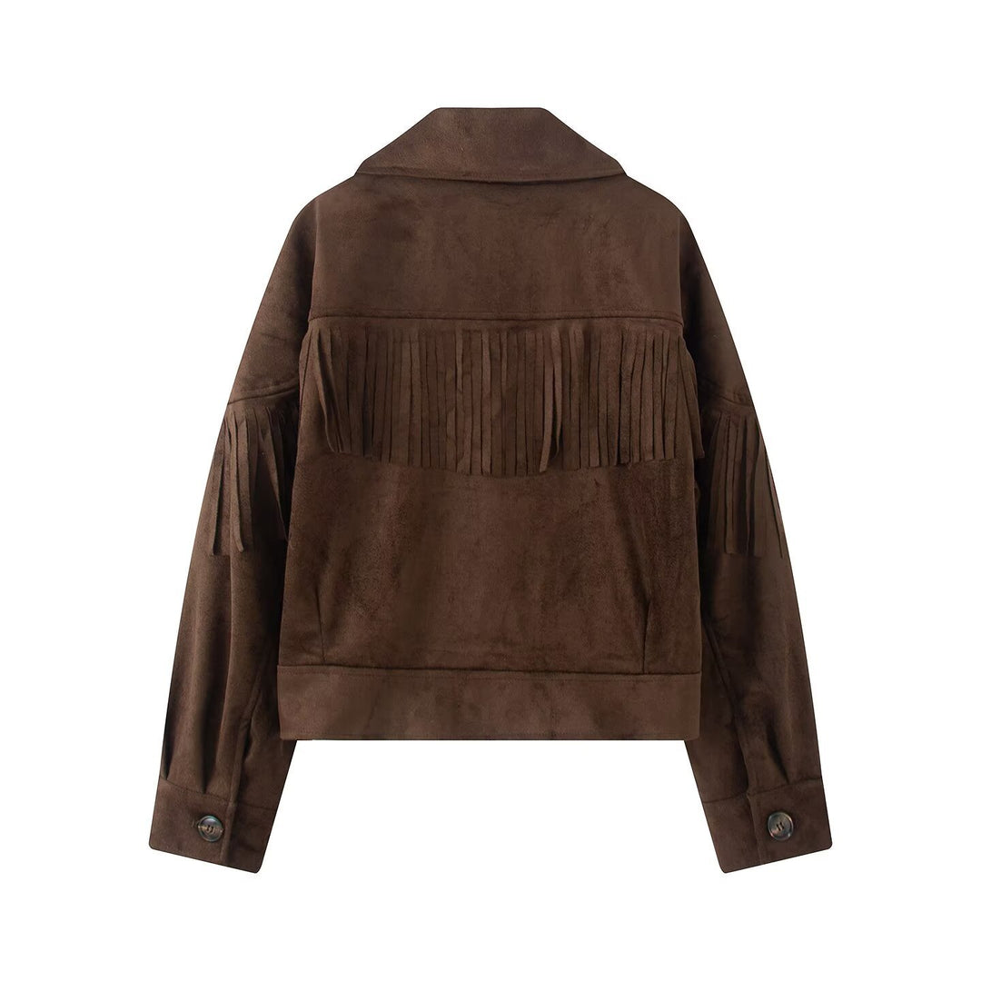 Damen Kurzjacke im Wildleder‑Look mit Fransenbesatz und Hemdkragen Nord Taschen