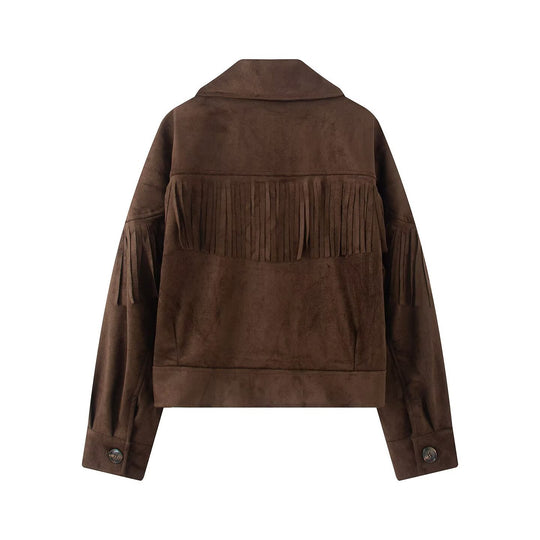 Damen Kurzjacke im Wildleder‑Look mit Fransenbesatz und Hemdkragen Nord Taschen
