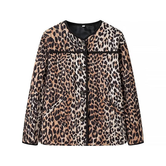 Damen Kurzjacke mit Leo‑Alloverprint, Rundhalsausschnitt und kontrastierender Paspel Nord Taschen