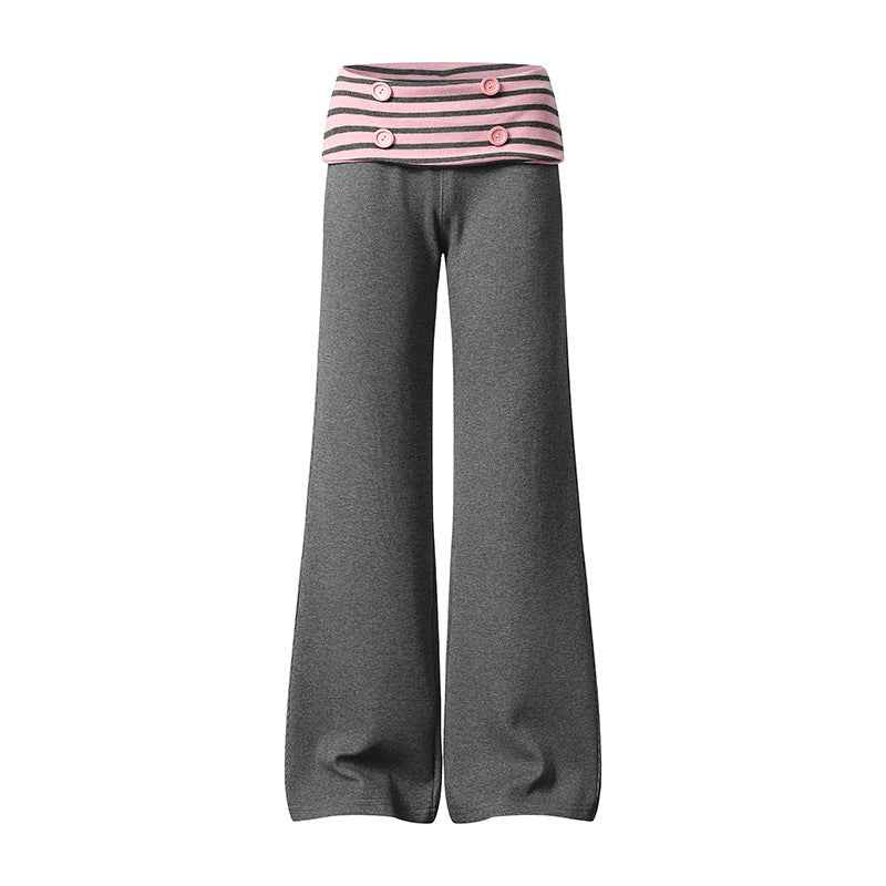 Damen Weite Loungewear-Hose mit umschlagbarem Streifenbund und Zierknöpfen Nord Taschen