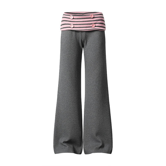 Damen Weite Loungewear-Hose mit umschlagbarem Streifenbund und Zierknöpfen Nord Taschen