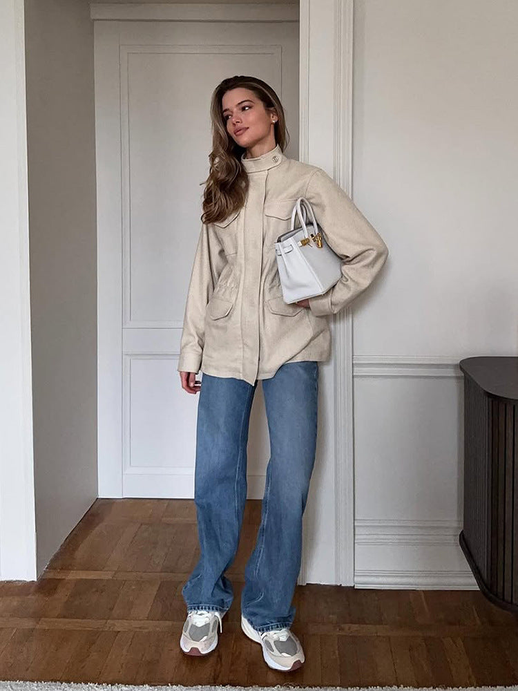 Damen Oversize Fieldjacke aus Wollmix mit Stehkragen und aufgesetzten Pattentaschen Nord Taschen