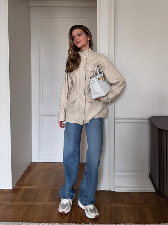 Damen Oversize Fieldjacke aus Wollmix mit Stehkragen und aufgesetzten Pattentaschen Nord Taschen