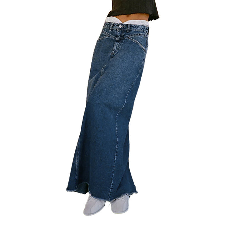 Damen Maxirock aus schwarzem Denim mit seitlichen Taschen und lässigem Schnitt