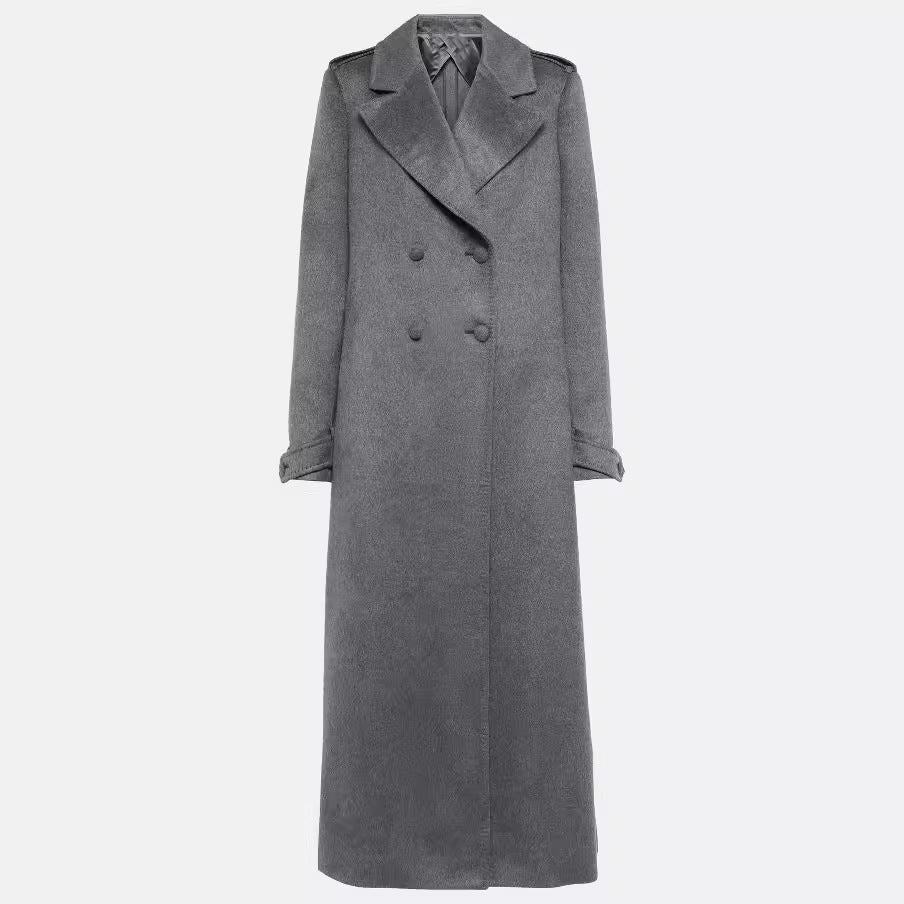 Damen Bodenlanger Zweireihiger Mantel im Vintage-Tailoring mit breitem Schalkragen Nord Taschen