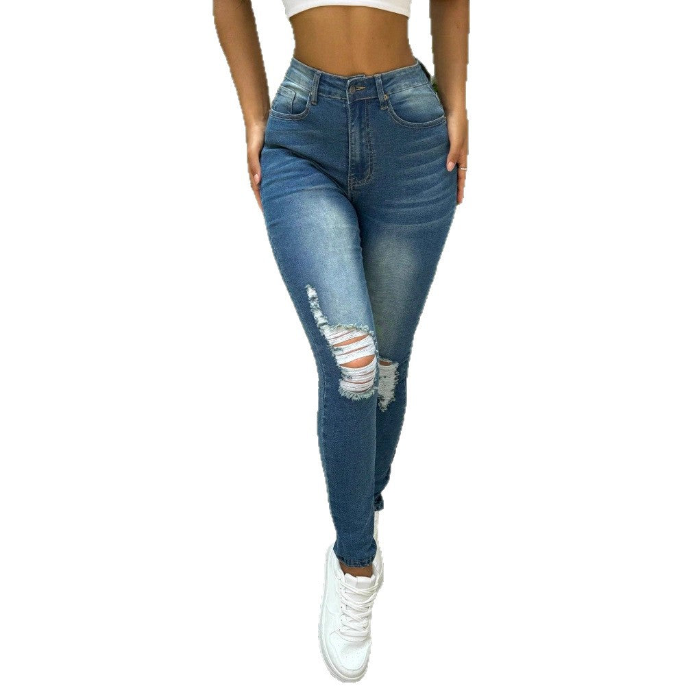 Damen High-Waist Sculpting-Skinny-Jeans mit asymmetrischem Knie-Riss und formendem Komfortbund Nord Taschen