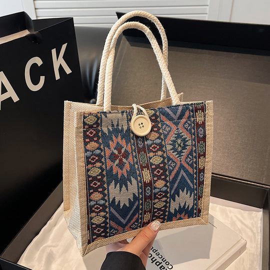 Damen Jute Tragetasche mit kunstvollem Ethnomuster Nord Taschen