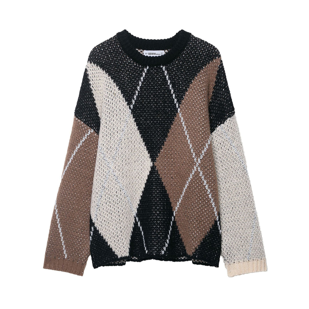 Damen Grobgestrickter Argyle-Pullover mit Rundhalsausschnitt und Oversize‑Silhouette Nord Taschen