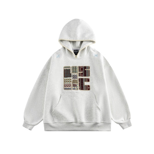 Unisex Weit geschnittener Kapuzenpullover mit Patchwork-Applikation und Kängurutasche Nord Taschen