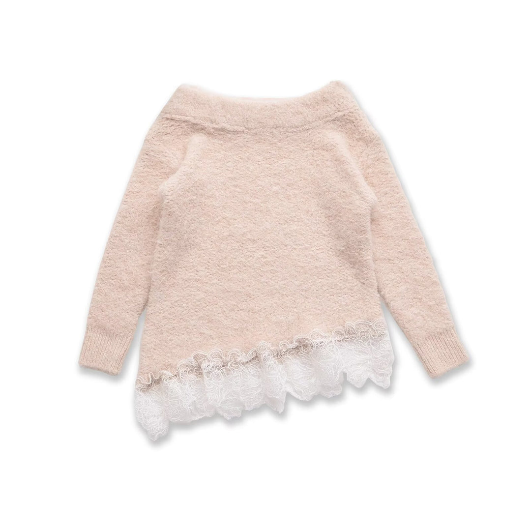 Damen Flauschiger Strickpullover mit weitem Bootkragen und Spitzenbesatz Nord Taschen