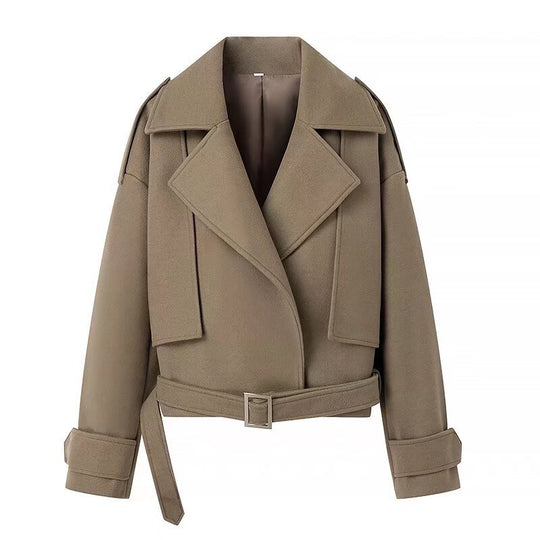 Damen Kurzer Wollmix-Trench mit Gürtel, Epauletten und weitem Revers Nord Taschen