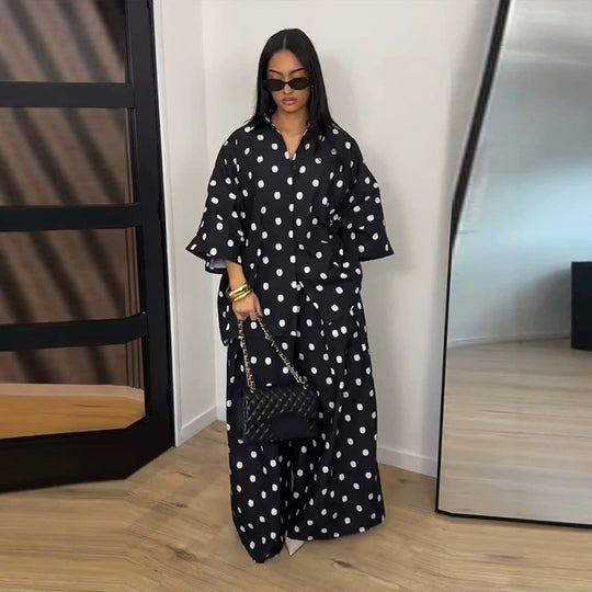 Damen Zweiteiliges Oversize-Blusen und Palazzo-Hosen Set mit Punktmuster Nord Taschen