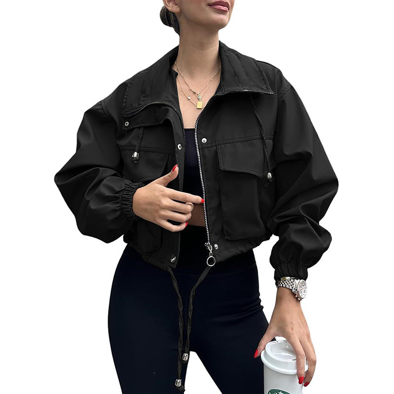 Damen Kurze Utility-Bomberjacke mit Kordelzug und Oversized-Ärmeln Nord Taschen