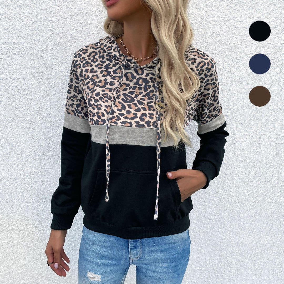 Damen Kapuzenpullover im Blockdesign mit Leopardenmuster, Kängurutasche und Tunnelzug Nord Taschen