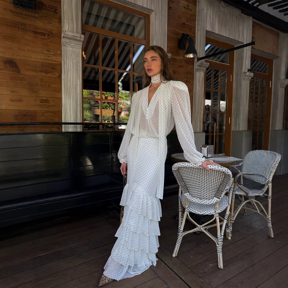 Damen Maxikleid aus Chiffon mit Wickeloberteil, Schluppe und gestuftem Volant‑Rock Nord Taschen