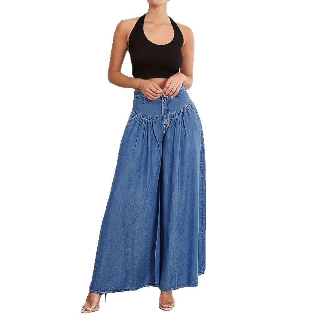 Damen Hochtaillierte Denim-Palazzohose mit geraffter Kellerfalte und extra weitem Bein Nord Taschen