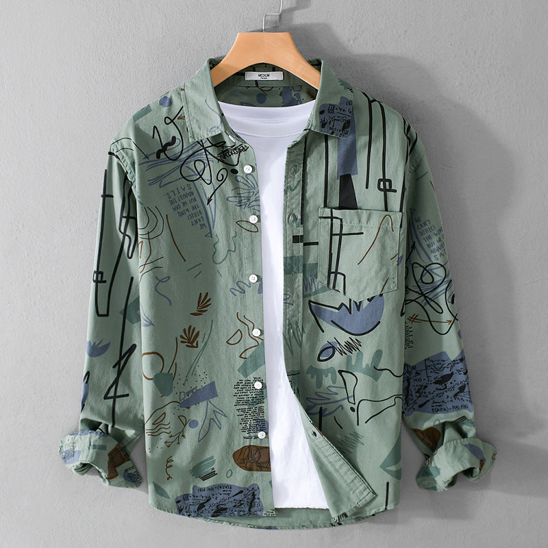 Herren Lockeres Hemdjacken-Overshirt mit abstraktem Skizzenprint, Brusttasche und weichem Baumwollgriff Nord Taschen