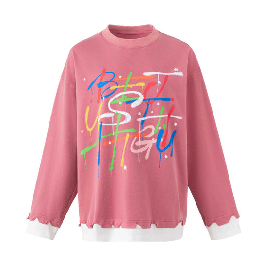 Damen Oversize-Sweatshirt mit Graffiti-Print, Wellensaum und Lagenlook Nord Taschen