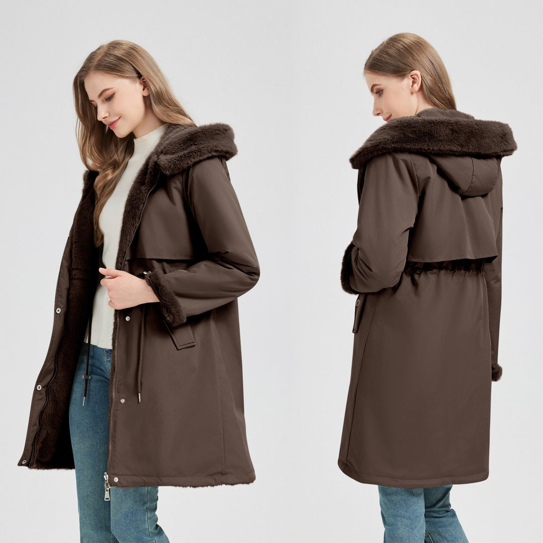 Damen nan taillierter langer Thermoparka mit Webpelzbesatz an Kapuze und Ärmeln sowie Kordeltaille Nord Taschen