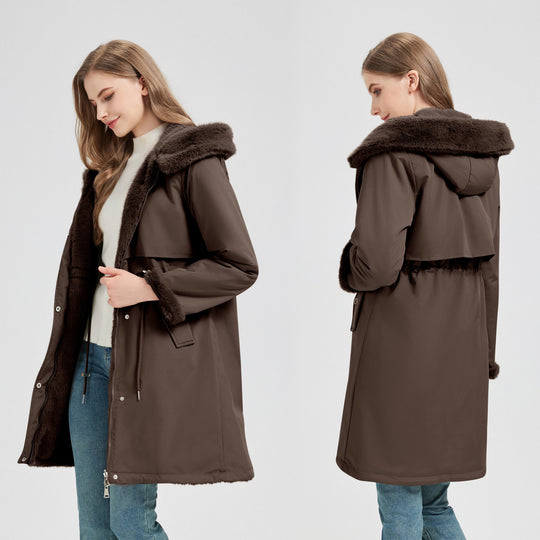 Damen nan taillierter langer Thermoparka mit Webpelzbesatz an Kapuze und Ärmeln sowie Kordeltaille Nord Taschen