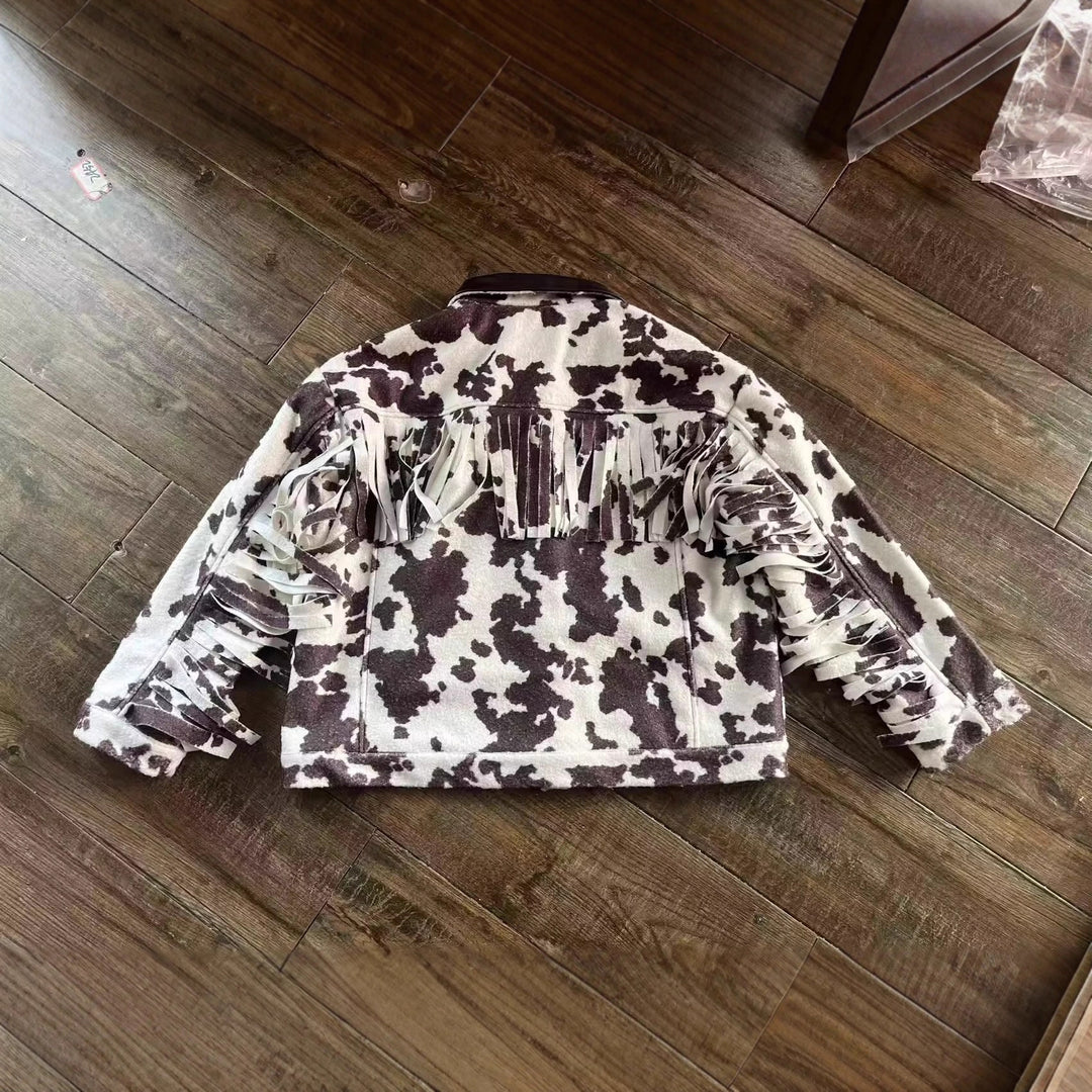 Damen Teddy-Truckerjacke mit Kuhfleckenmuster und Kunstlederkragen Nord Taschen