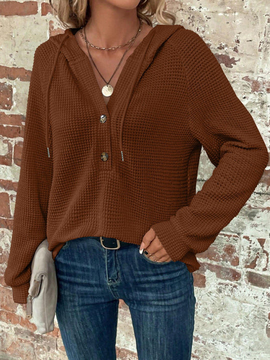 Damen Waffelstrick-Hoodie mit Henley-Knopfleiste und Oversize-Schnitt Nord Taschen