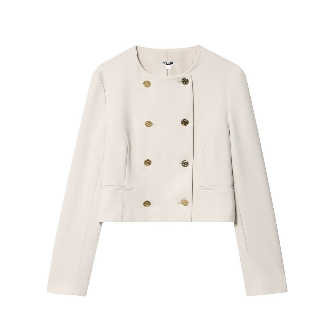 Damen Kurzer Doppelreihiger Blazer mit Rundhals und Zierknöpfen Nord Taschen