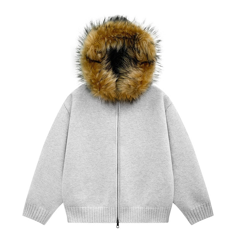 Damen Strick-Bomberjacke mit Kapuze und abnehmbarem Kunstfellbesatz Nord Taschen
