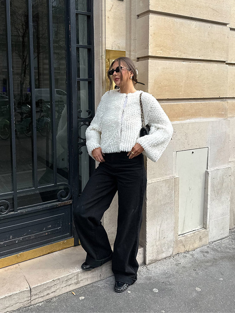 Damen Kurzgeschnittener texturierter Kunstpelz-Cardigan mit voluminösen Ärmeln Nord Taschen