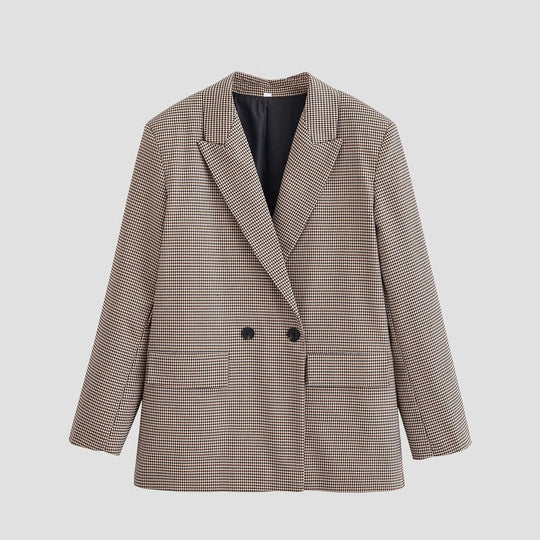 Damen Doppelreihiger Oversize-Blazer mit Hahnentritt-Check und Pattentaschen Nord Taschen