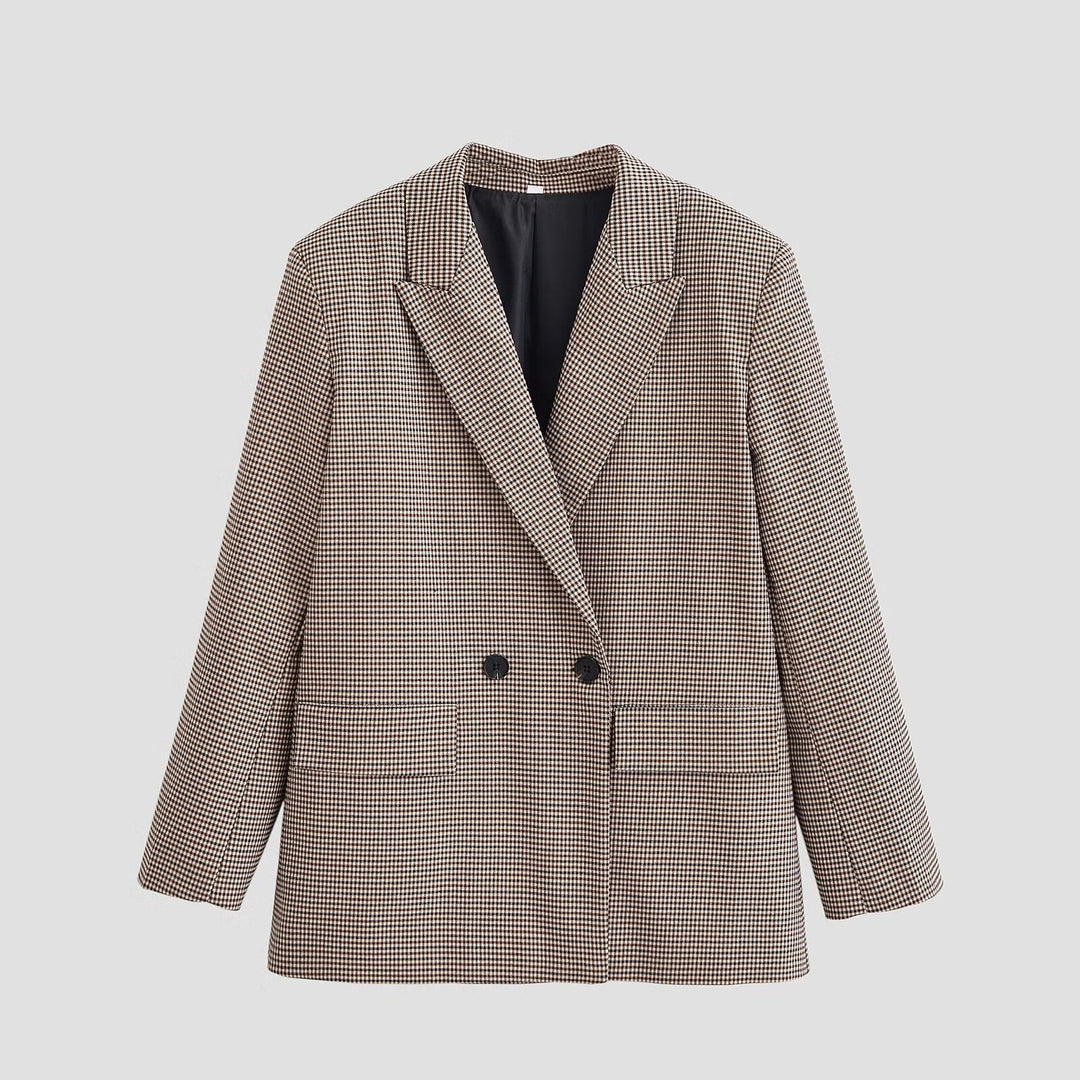 Damen Zweireihiger Oversize-Blazer mit Hahnentritt‑Muster und Pattentaschen Nord Taschen