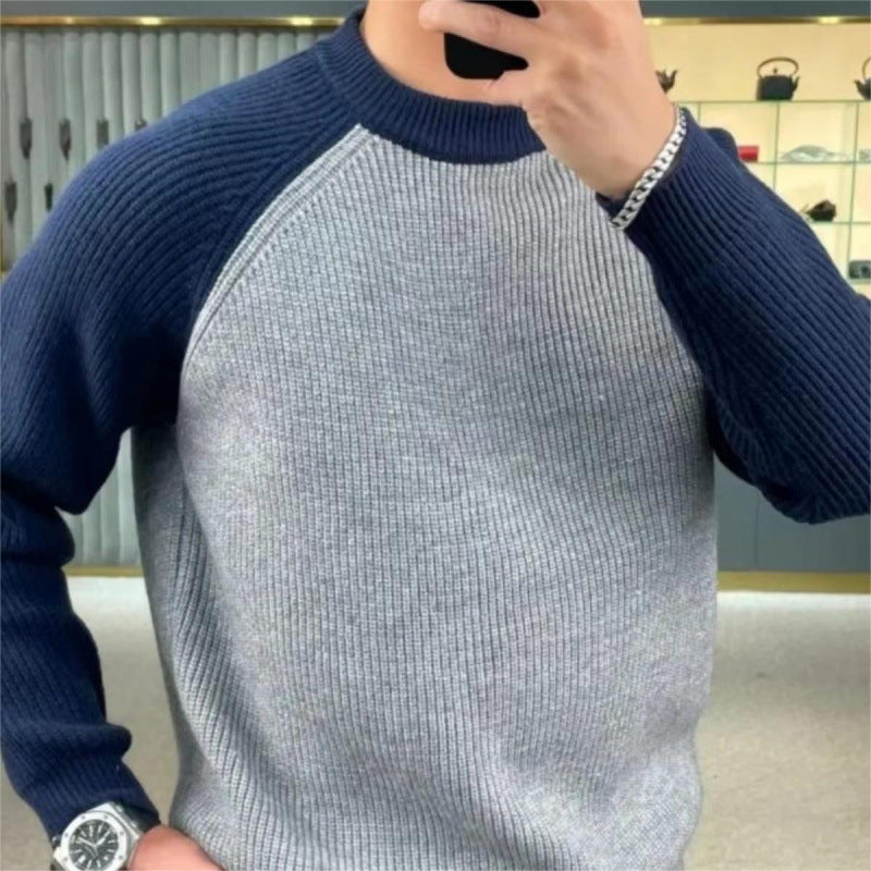 Herren Gerippter Raglan-Pullover mit Kontrastärmeln und kurzem Stehkragen Nord Taschen