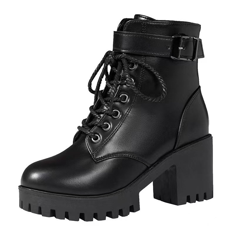 Damen nan Plateau-Schnürstiefelette aus Kunstleder mit profilierter Gummisohle und verstellbarem Schnallenriemen Nord Taschen