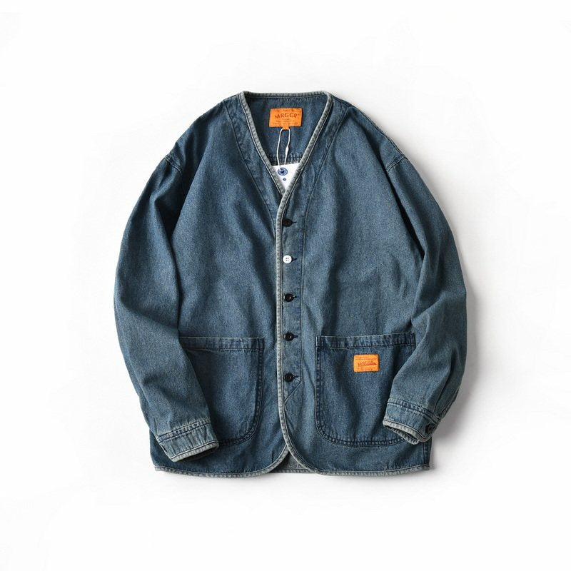 Herren Denim-Chorejacke im Worker-Look mit V-Ausschnitt und aufgesetzten Taschen Nord Taschen