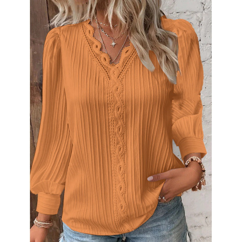 Damen Plissierte V‑Ausschnitt Bluse mit Spitzenbesatz und Ballonärmeln Nord Taschen