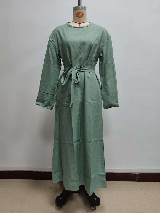 Damen Maxikleid aus Leinen-Mix mit Taillengürtel und weiten Manschellen Nord Taschen