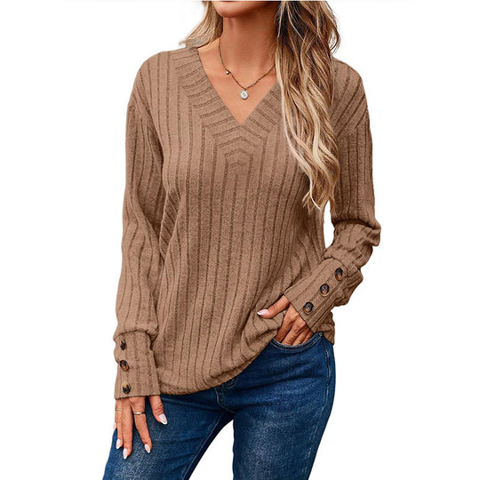 Damen Gerippter V-Ausschnitt Strickpullover mit Knopfmanschetten Nord Taschen