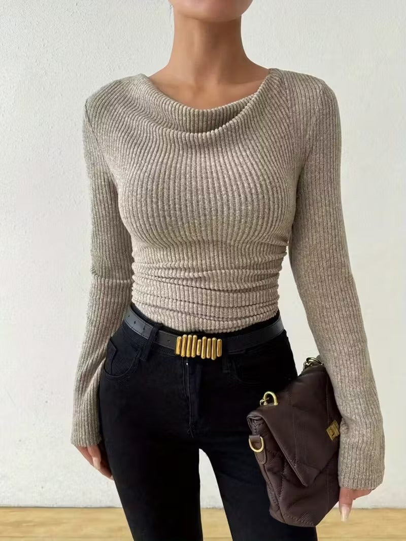Damen Gerippter Taillierter Feinstrickpullover mit Raffung Nord Taschen