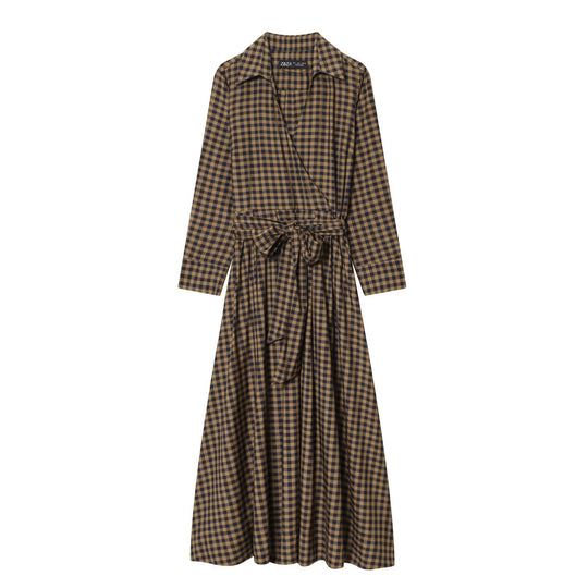 Damen Wickelkleid mit Vichy-Karo, Hemdkragen und Taillenband Nord Taschen