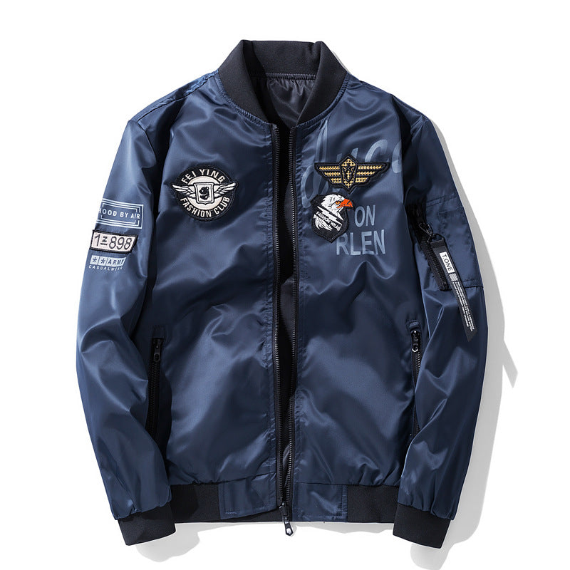Men's  satin aviator patch bomber jacket with embroidered badges zip sleeve pocket and ribbed trims Nord Taschen